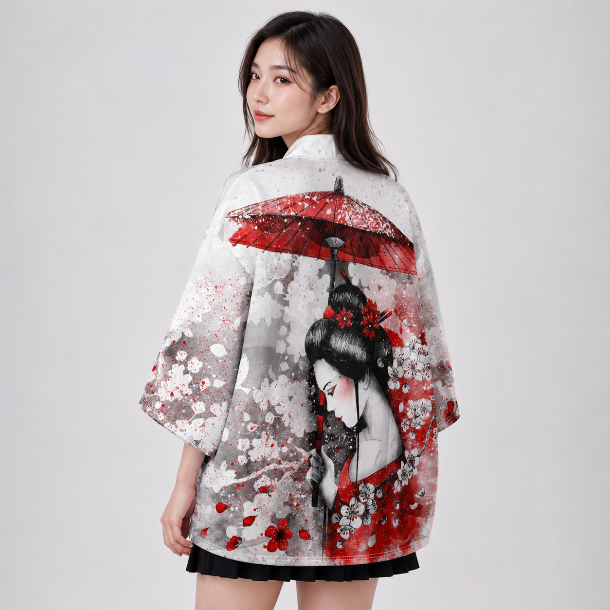 Japanese-themed White Kimono Lady Red Sakura Unisex Kimono
