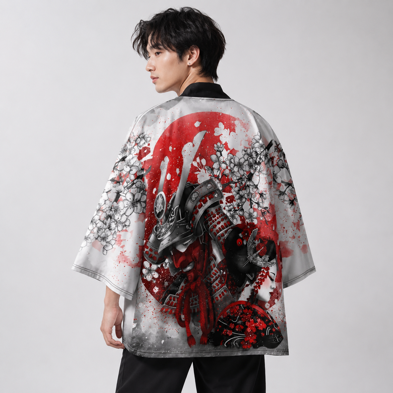 Japanese-themed White Kimono Lady Red Sakura Unisex Kimono