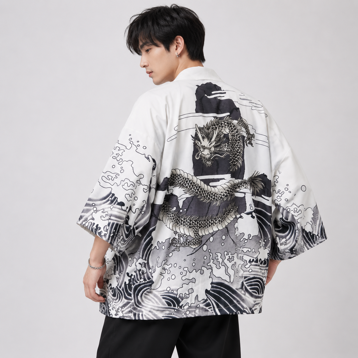 Black White Dragon Wave Unisex Kimono Top