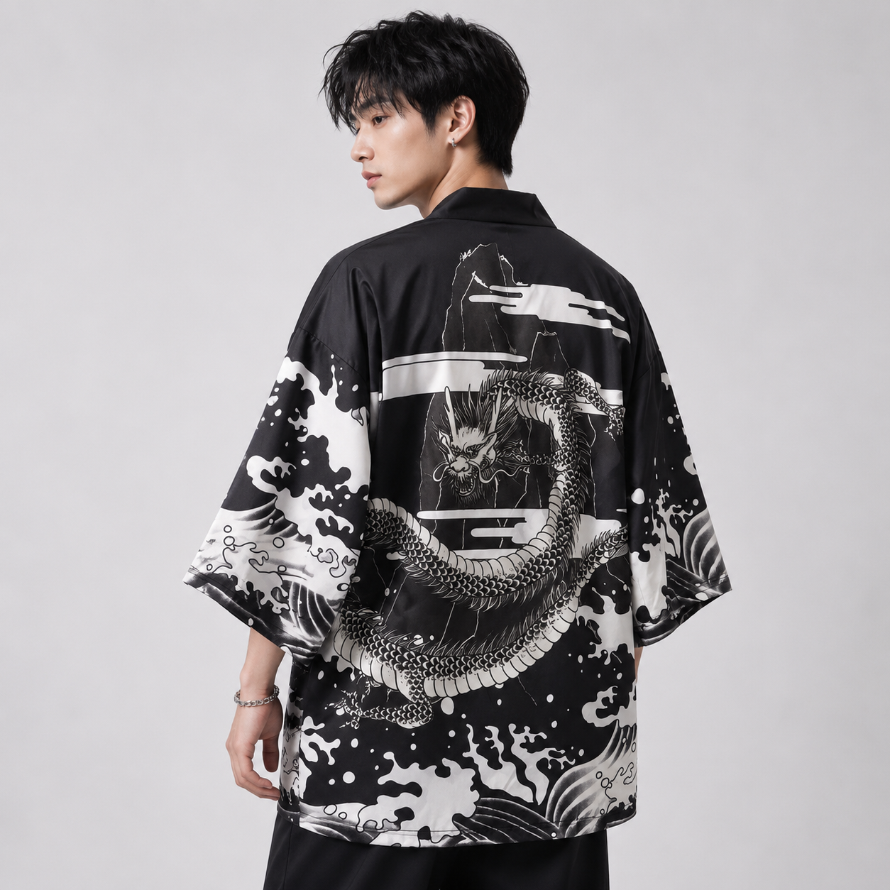 Black White Dragon Wave Unisex Kimono Top