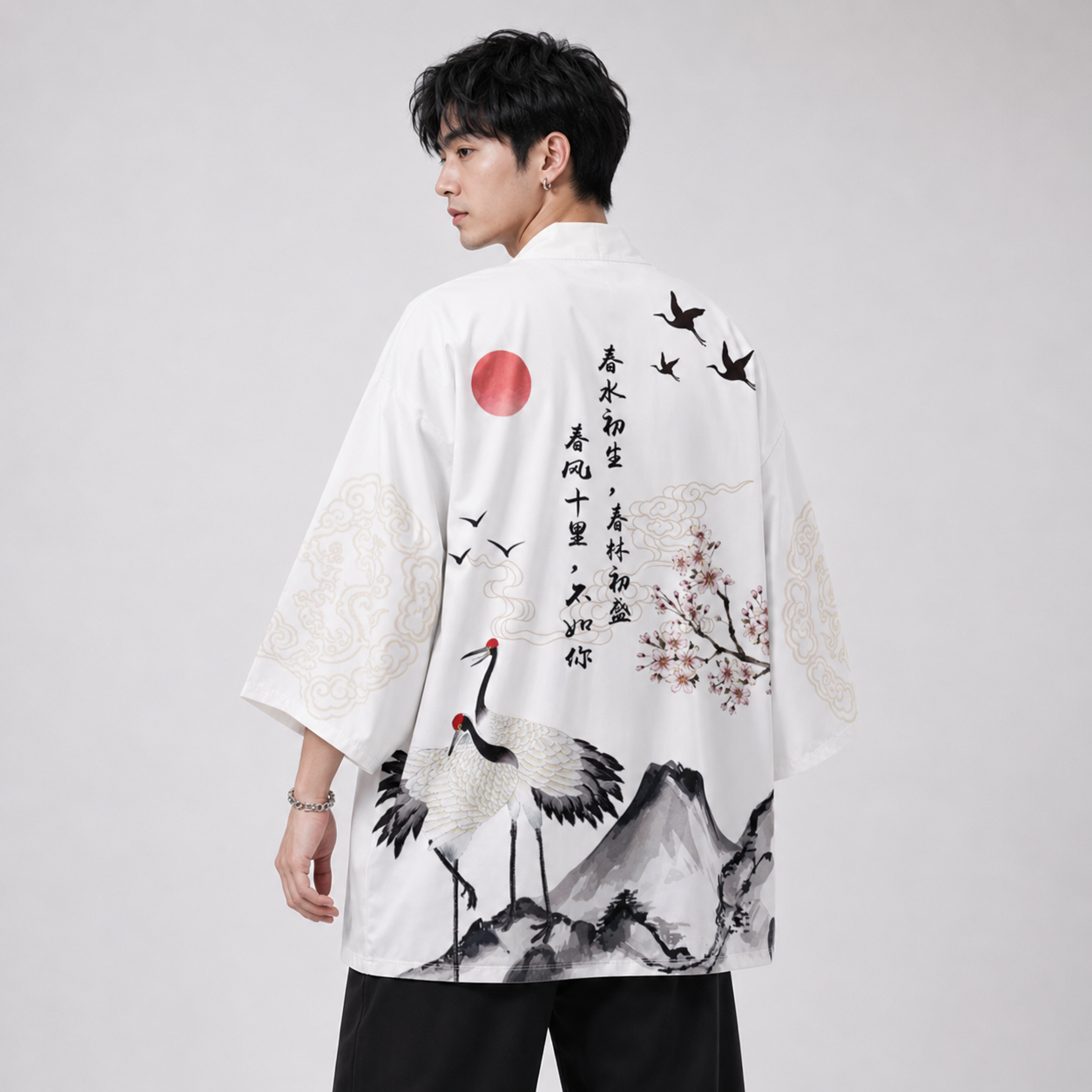 Japanese White Black Sakura Crane Mountains Mens Two-Piece Kimono Yukata Top & Pants Sets