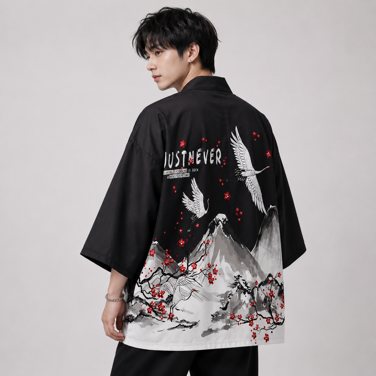 Japanese-themed Crane Mountains Two-Piece Kimono Top & Shorts Sets