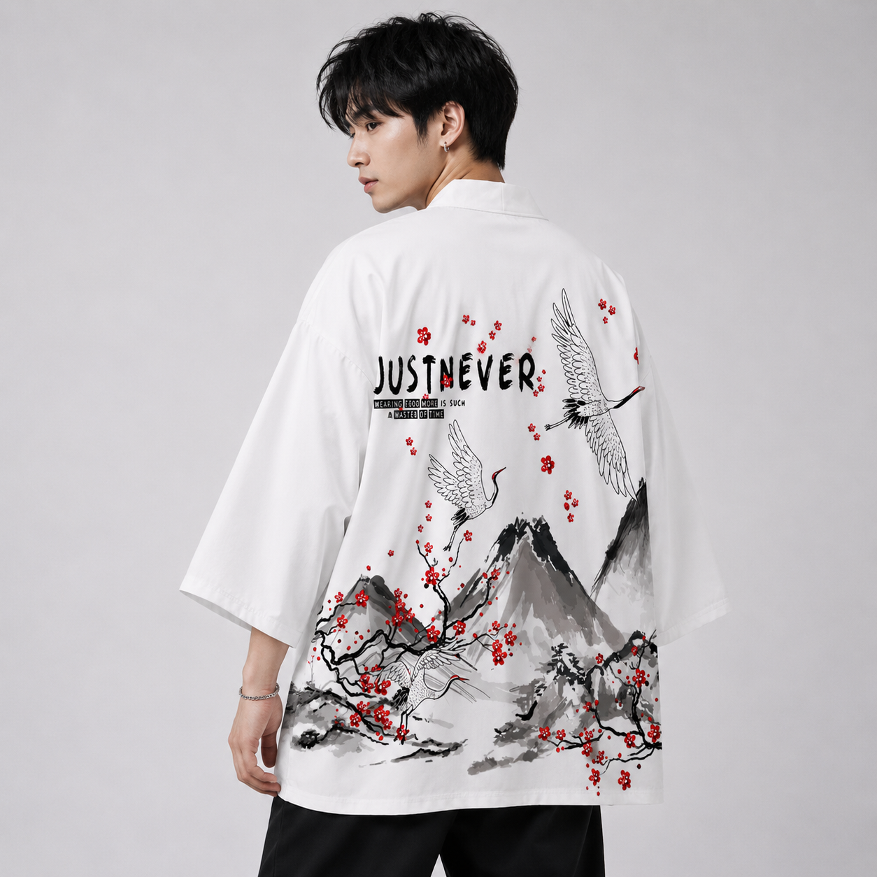 Japanese-themed Crane Mountains Two-Piece Kimono Top & Shorts Sets