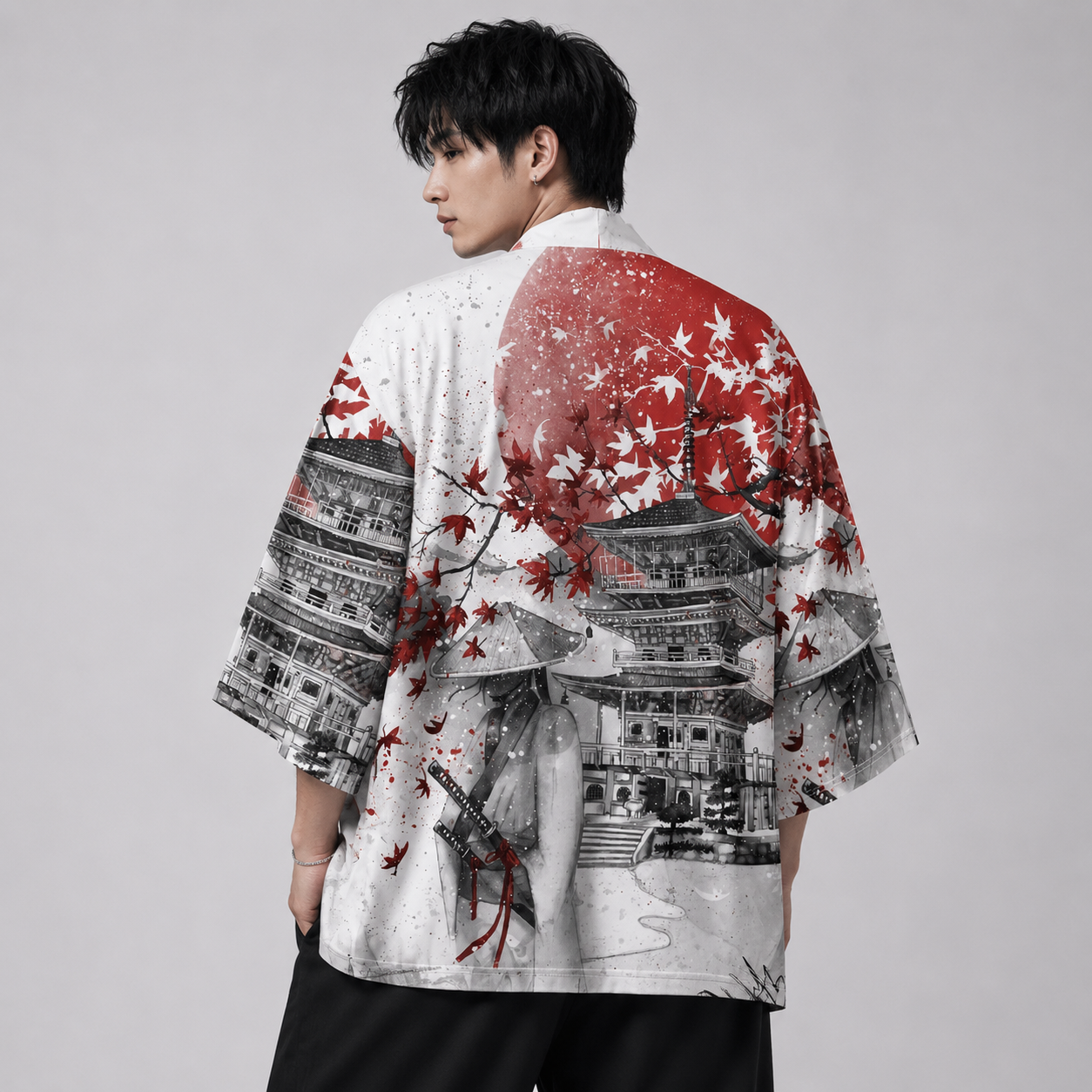 Japanese-themed Samurai Pagoda Red Sun Unisex Kimono
