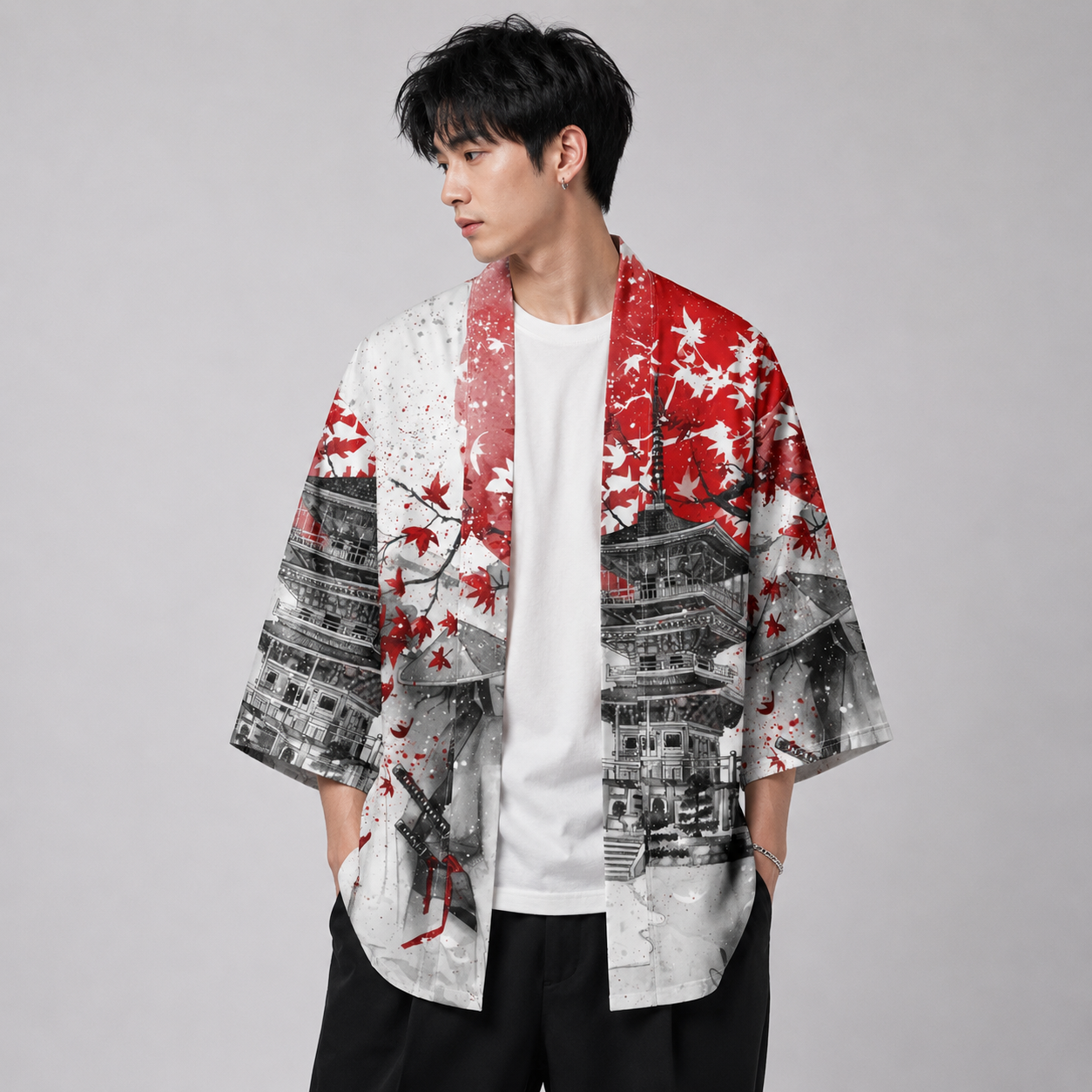 Japanese-themed Samurai Pagoda Red Sun Unisex Kimono