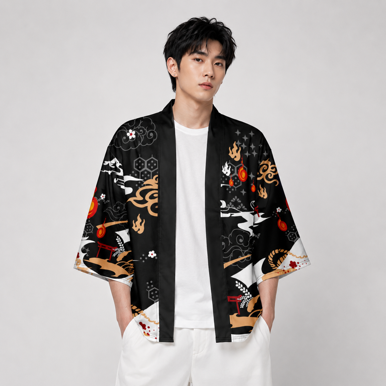Anime White Fox Mask Pattern Unisex Kimono