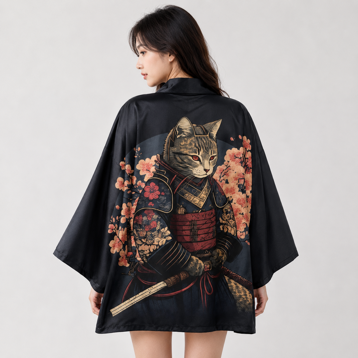 Japanese-themed Sakura Samurai Cat Print Unisex Kimono