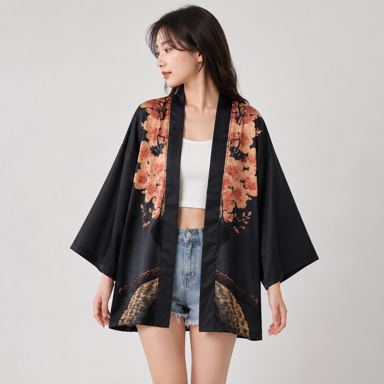 Japanese-themed Sakura Samurai Cat Print Unisex Kimono