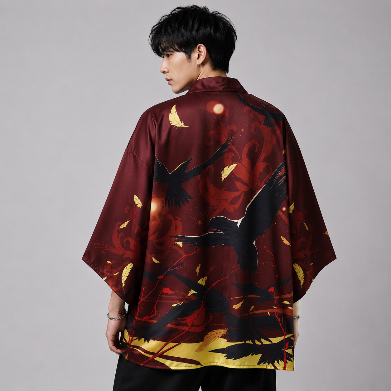 Japanese-themed Black Red Crows Unisex Kimono