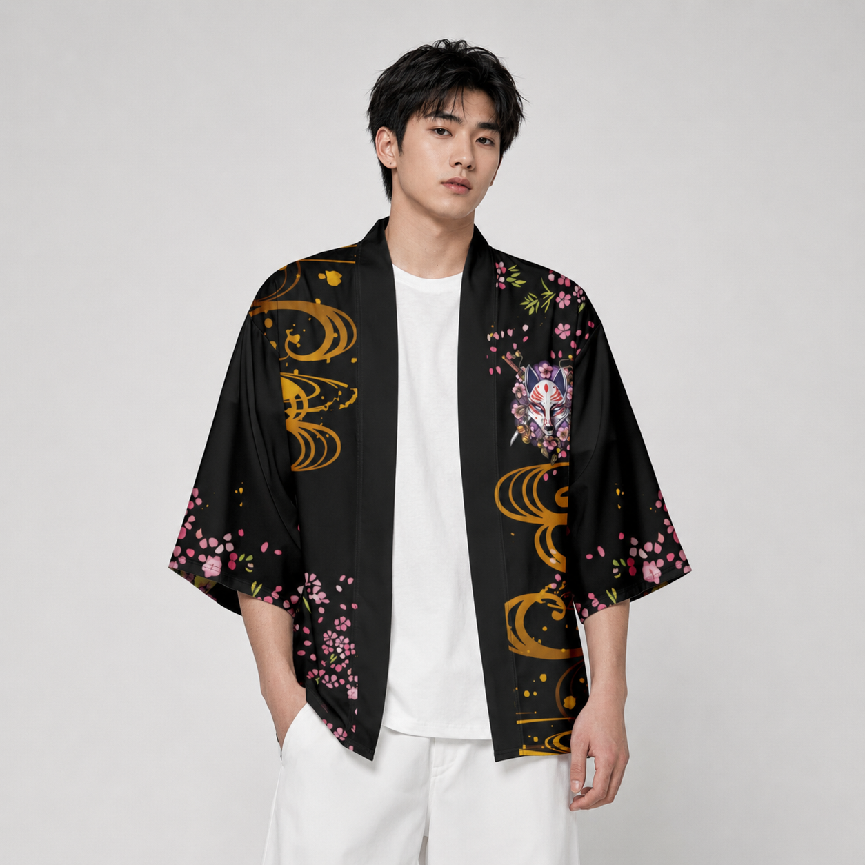 Japanese-themed White Fox Mask Sakura Unisex Kimono