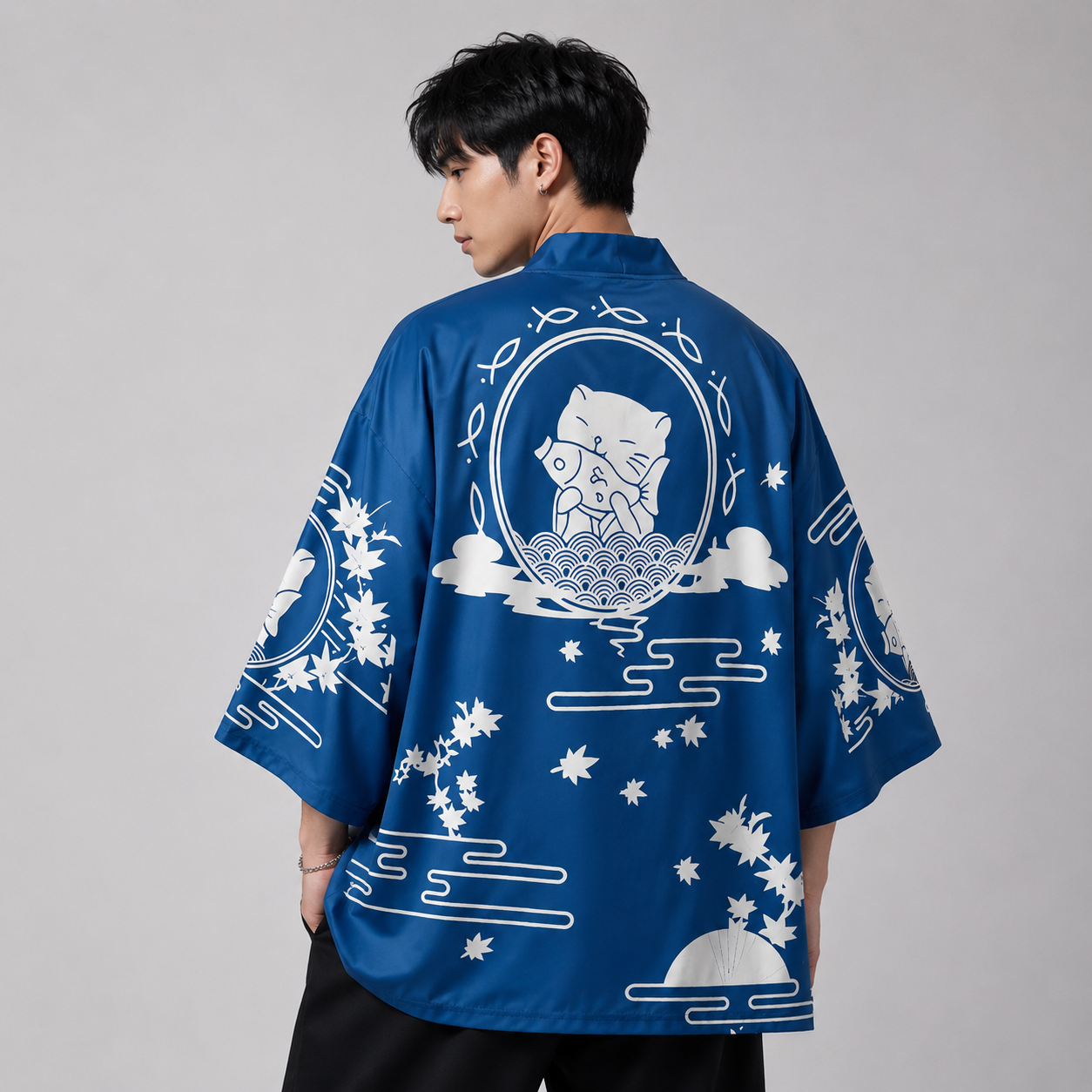 Japanese-themed Blue Black Cat Fish Unisex Kimono Top