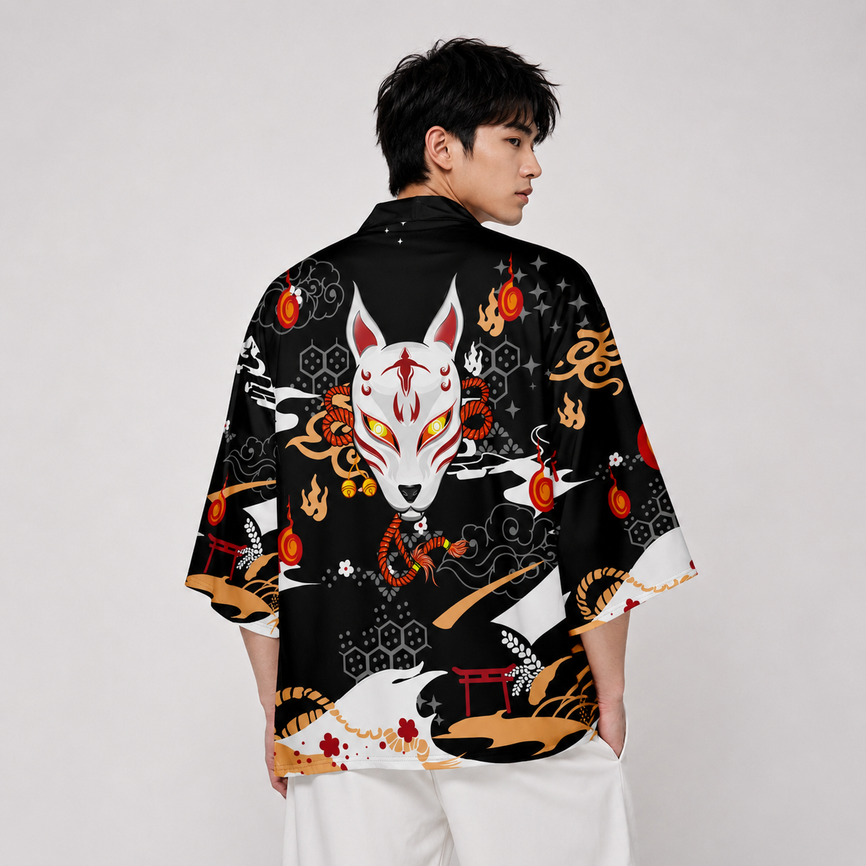 Anime White Fox Mask Pattern Unisex Kimono