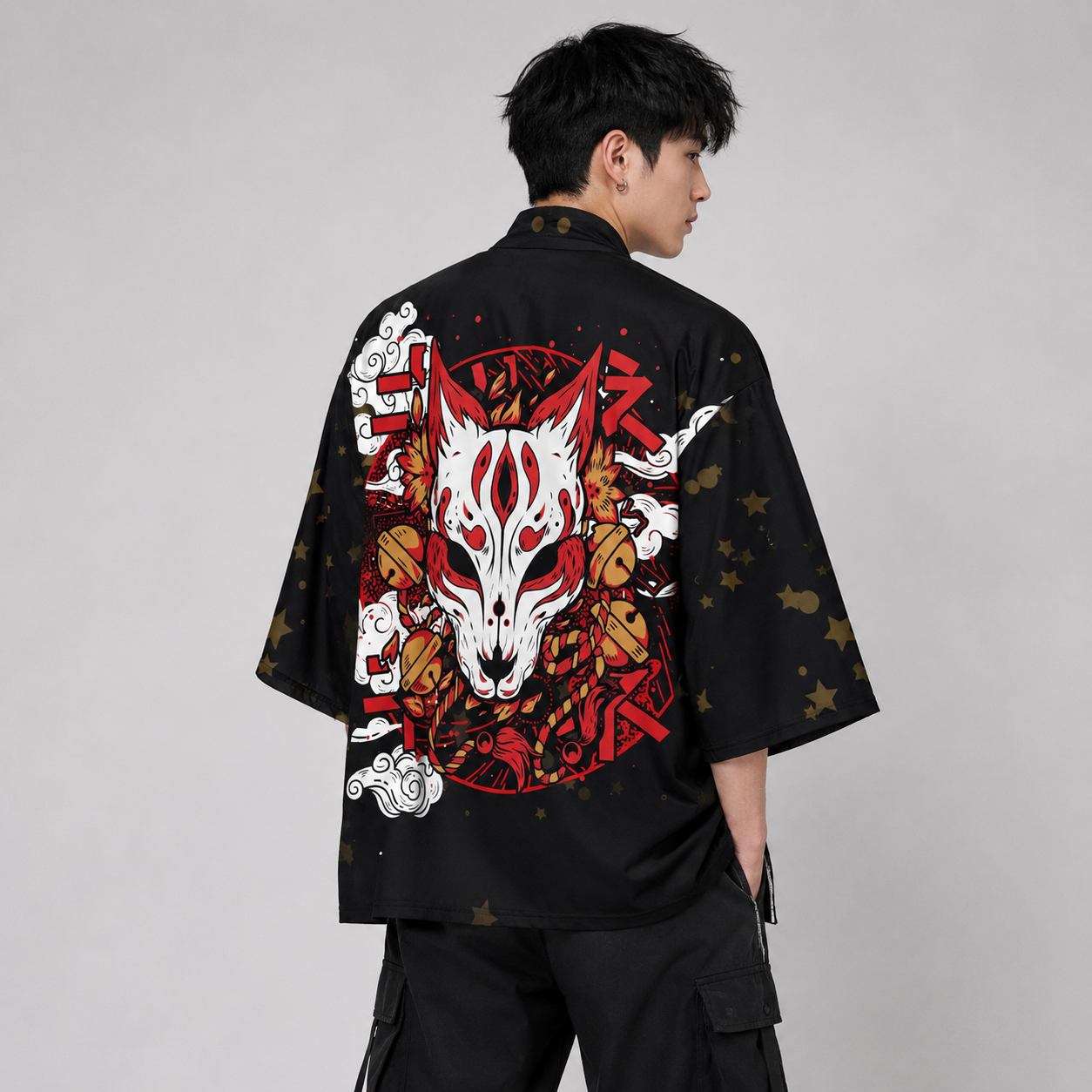 Japanese-themed White Fox Mask Print Unisex Kimono