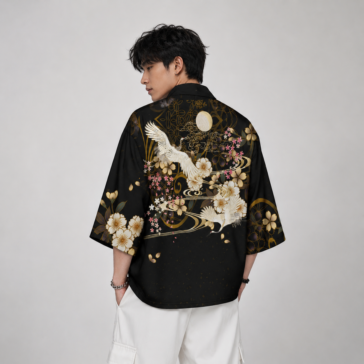 Japanese-themed White Crane Black Gold Unisex Kimono