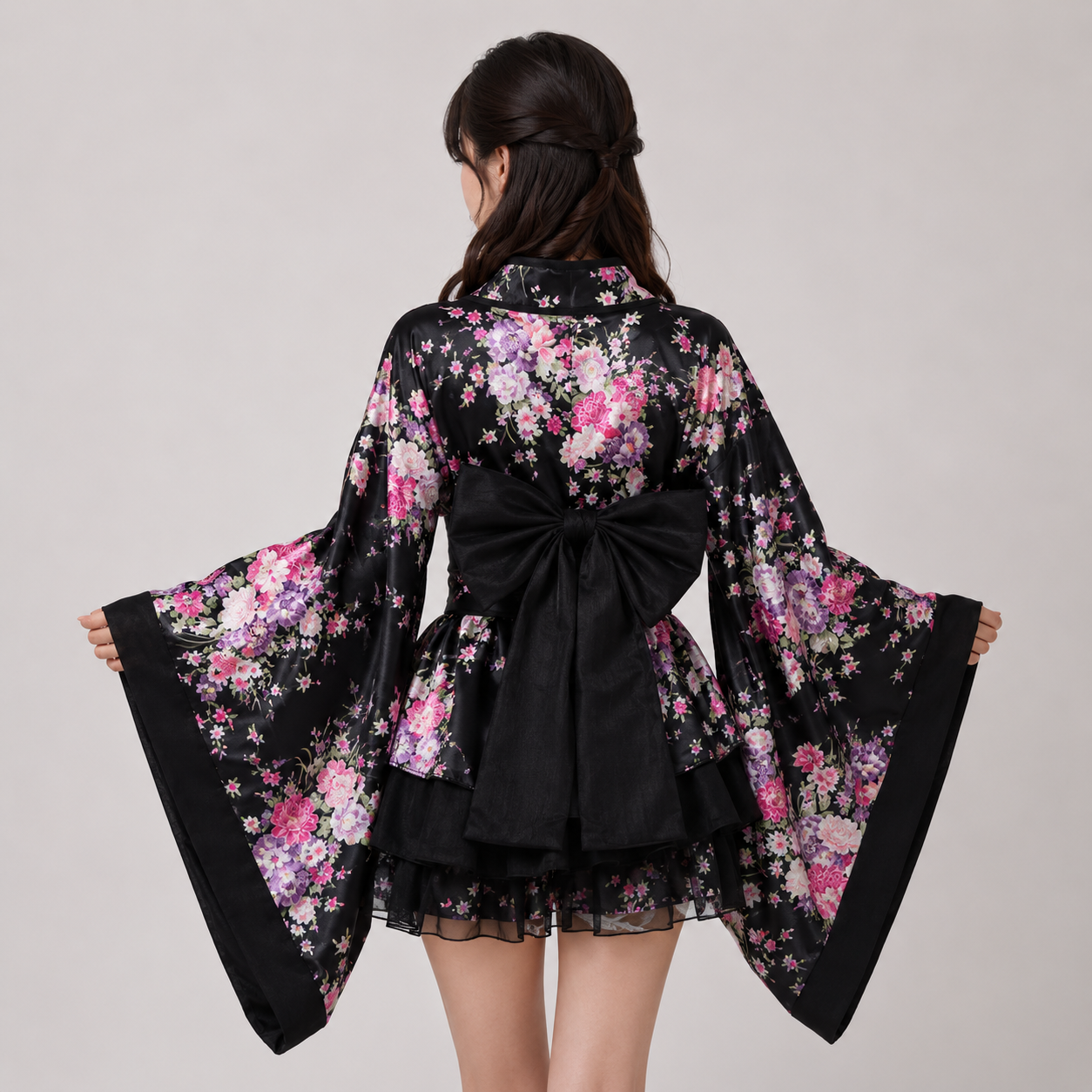 Black Red Japanese Kimono Floral Pattern Short Robe