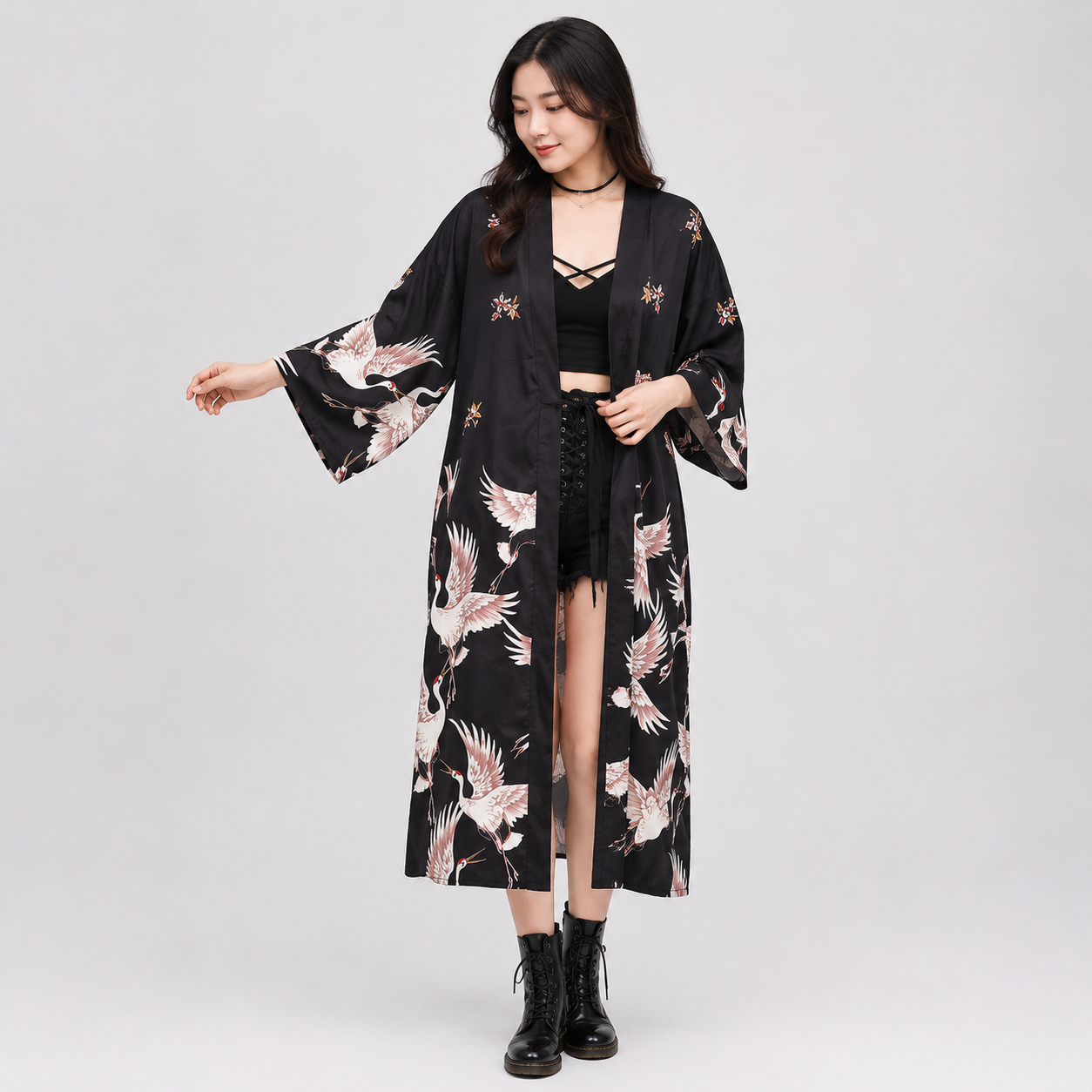 Japanese Crane Print Long Kimono