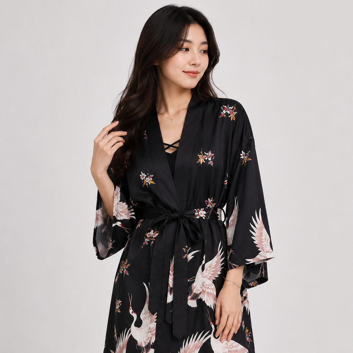 Japanese Crane Print Long Kimono