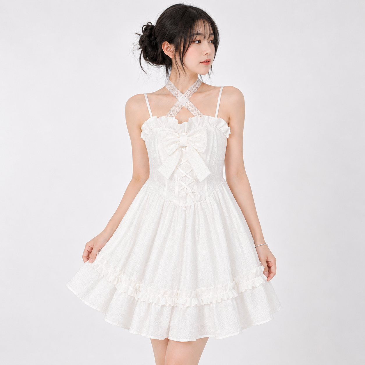 White Lolita Style Lace Bow Ruffles Women's Dress