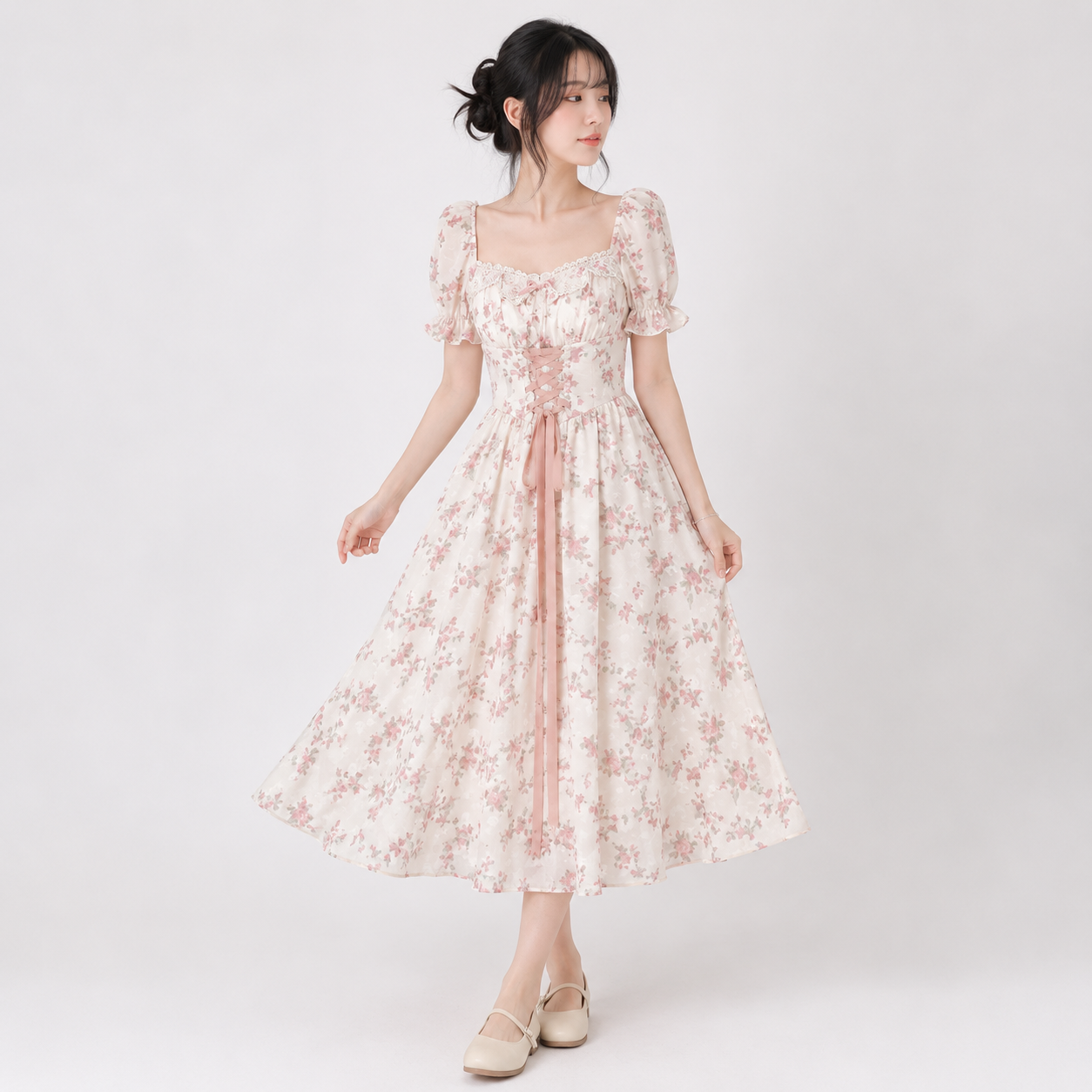 White Pink Cottage Lace Milkmaid Dress