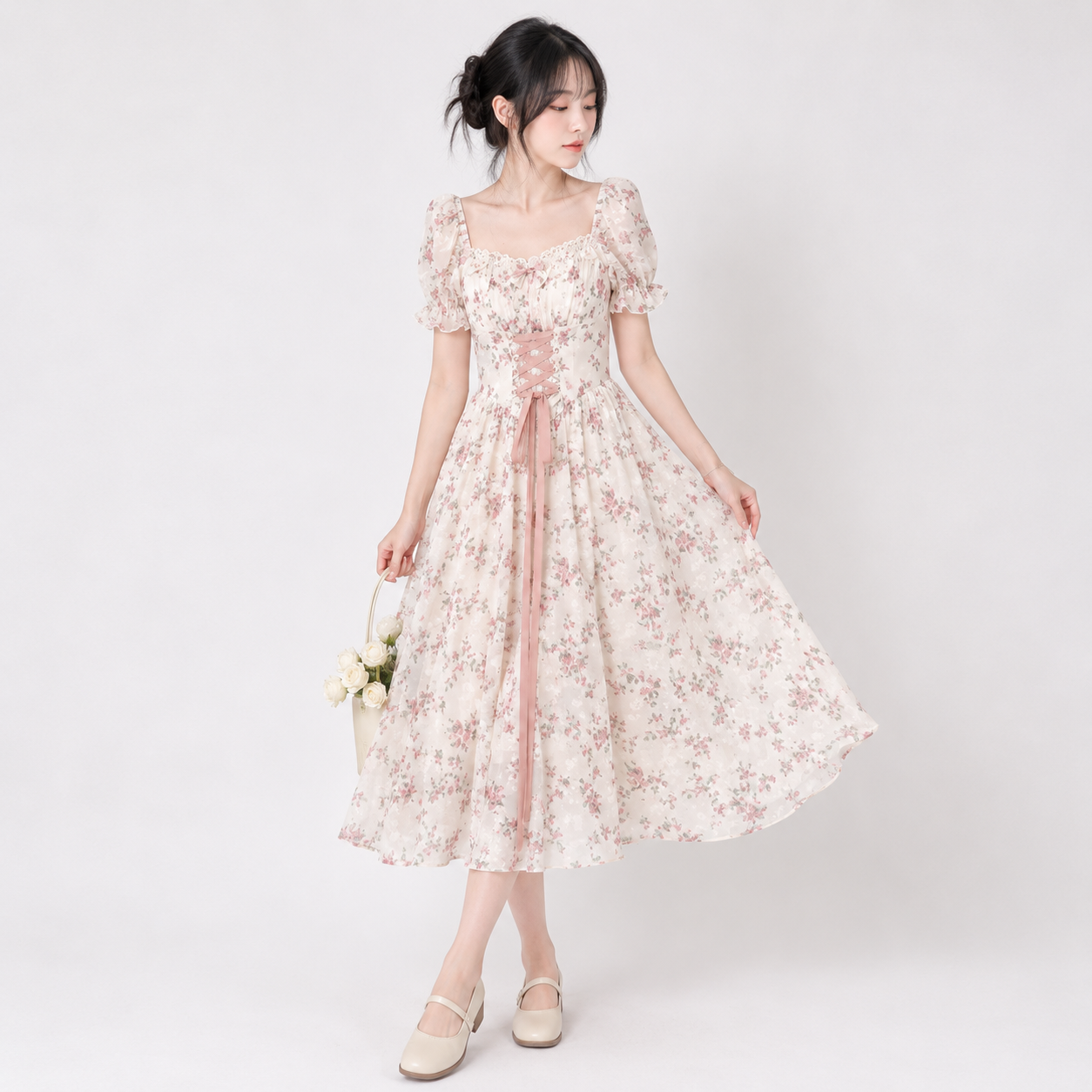 White Pink Cottage Lace Milkmaid Dress