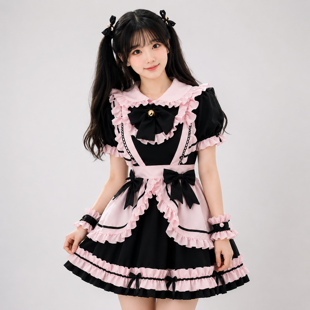 Gothic Black Pink Sweet Lolita Women's Maid Dress Bowknots