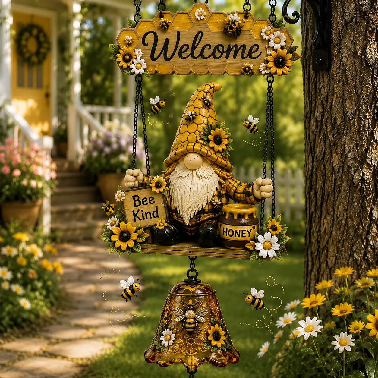 Rustic Garden Gnome Bell – Bee-Themed Farmhouse Outdoor Decor 🌼