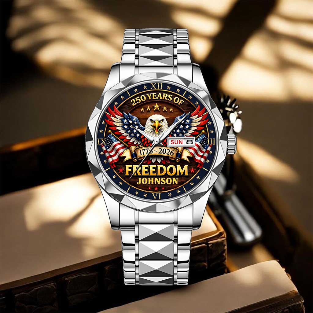 Custom Engraved 250 Years of Freedom Patriotic Quartz Watch - Personalized American Eagle Design