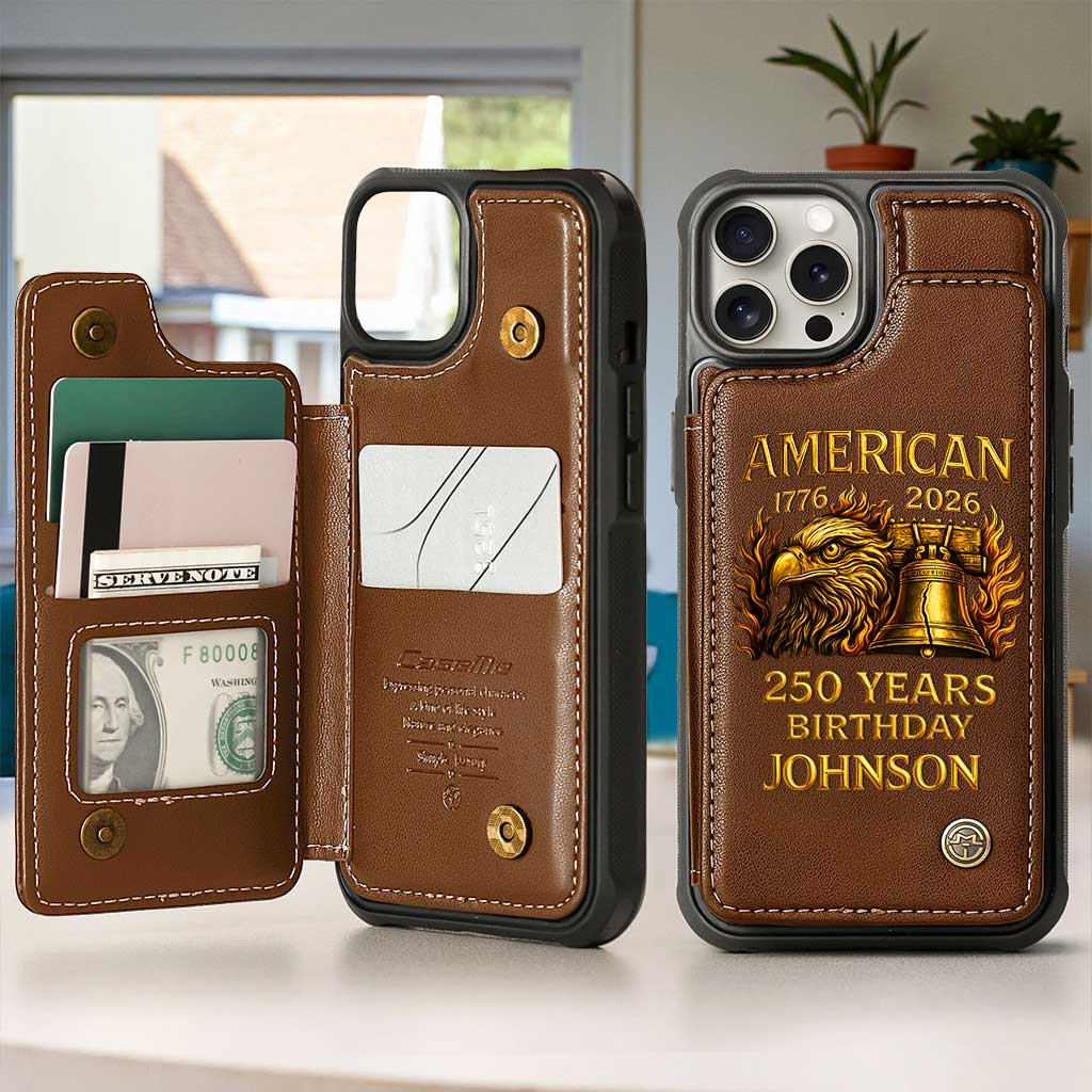 Personalized America 250th Anniversary Leather Flip Wallet Phone Case - Bald Eagle & Liberty Bell Design