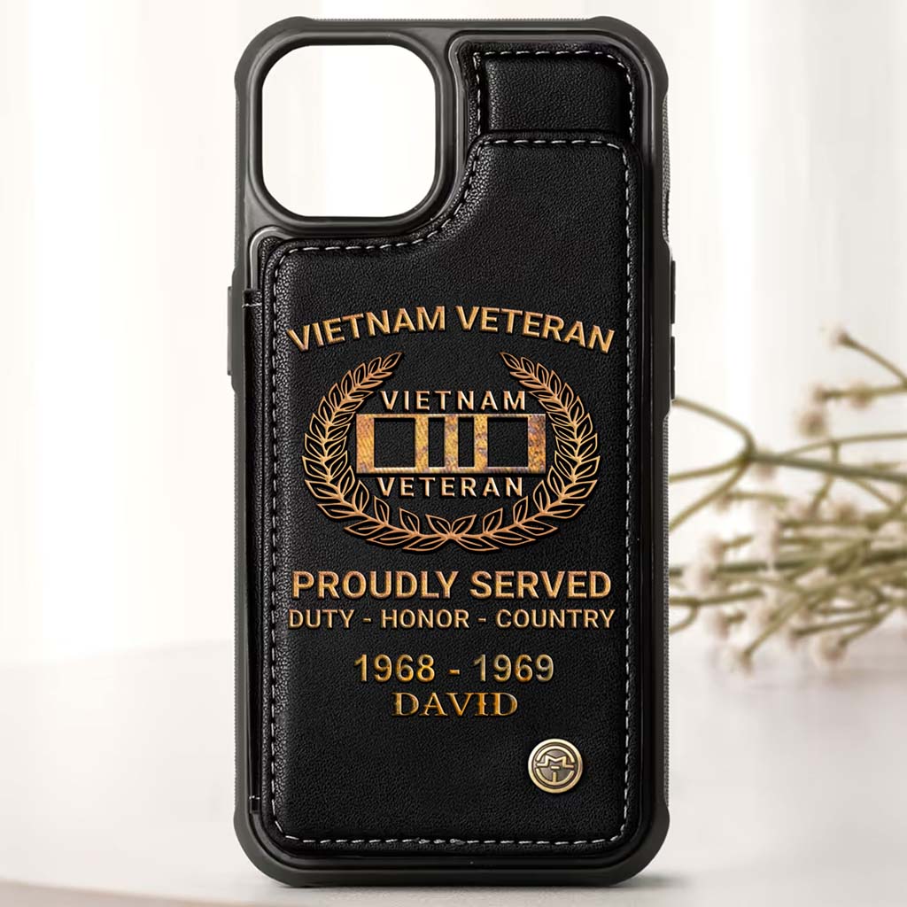 Personalized Vietnam Veteran Leather Flip Wallet Phone Case - Custom Name & Service Period