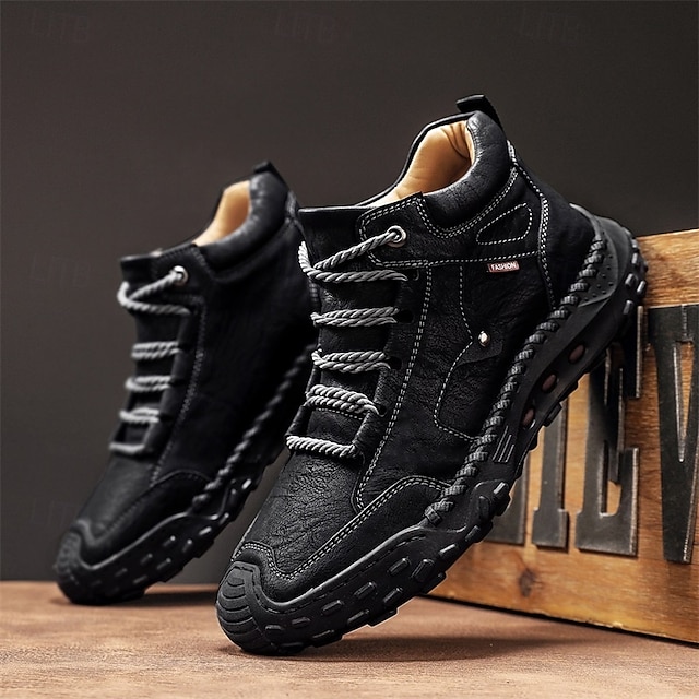 Men's Brown Faux Leather Outdoor Trail Boots with Durable Rubber Sole and Hand-Stitched Detailing, Comfortable Casual Work Boots for Hiking and Daily Wear