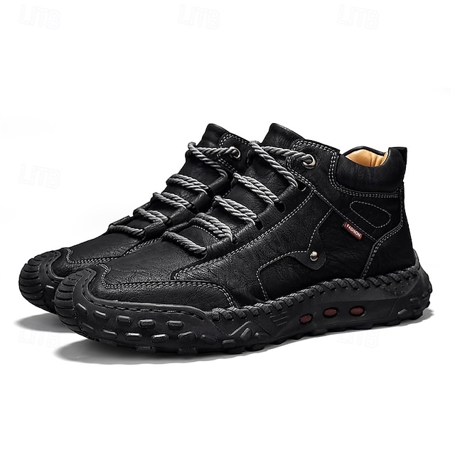 Men's Brown Faux Leather Outdoor Trail Boots with Durable Rubber Sole and Hand-Stitched Detailing, Comfortable Casual Work Boots for Hiking and Daily Wear