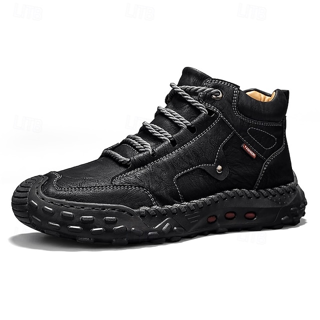 Men's Brown Faux Leather Outdoor Trail Boots with Durable Rubber Sole and Hand-Stitched Detailing, Comfortable Casual Work Boots for Hiking and Daily Wear