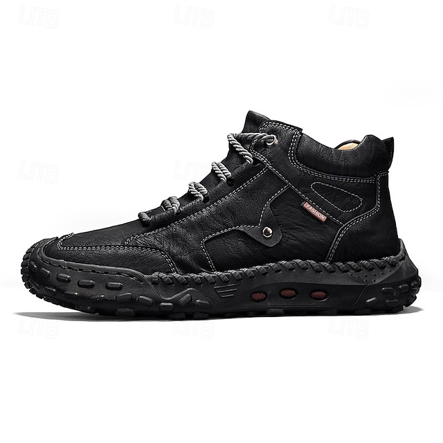 Men's Brown Faux Leather Outdoor Trail Boots with Durable Rubber Sole and Hand-Stitched Detailing, Comfortable Casual Work Boots for Hiking and Daily Wear