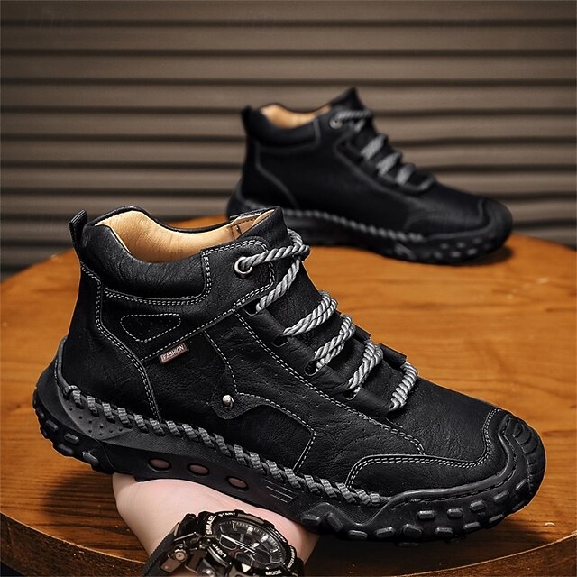 Men's Brown Faux Leather Outdoor Trail Boots with Durable Rubber Sole and Hand-Stitched Detailing, Comfortable Casual Work Boots for Hiking and Daily Wear