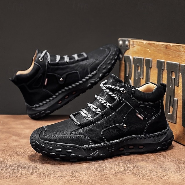 Men's Brown Faux Leather Outdoor Trail Boots with Durable Rubber Sole and Hand-Stitched Detailing, Comfortable Casual Work Boots for Hiking and Daily Wear