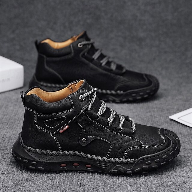 Men's Brown Faux Leather Outdoor Trail Boots with Durable Rubber Sole and Hand-Stitched Detailing, Comfortable Casual Work Boots for Hiking and Daily Wear