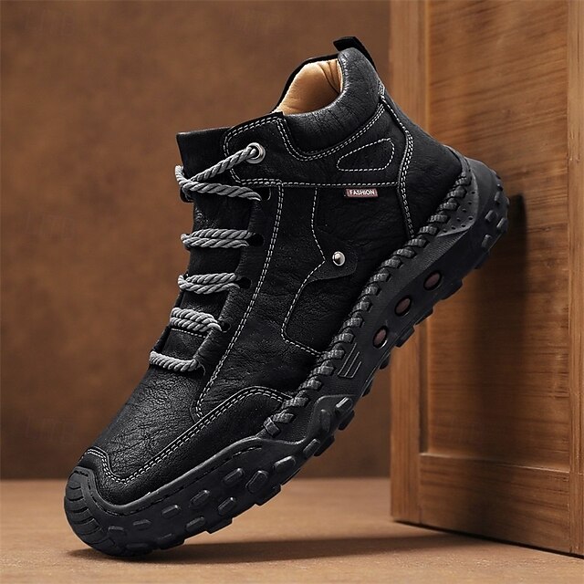 Men's Brown Faux Leather Outdoor Trail Boots with Durable Rubber Sole and Hand-Stitched Detailing, Comfortable Casual Work Boots for Hiking and Daily Wear