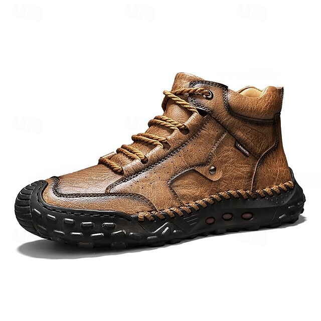 Men's Brown Faux Leather Outdoor Trail Boots with Durable Rubber Sole and Hand-Stitched Detailing, Comfortable Casual Work Boots for Hiking and Daily Wear