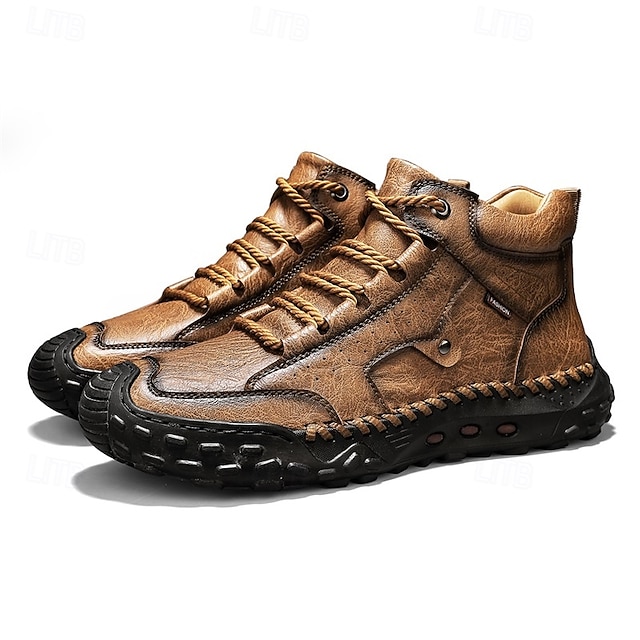 Men's Brown Faux Leather Outdoor Trail Boots with Durable Rubber Sole and Hand-Stitched Detailing, Comfortable Casual Work Boots for Hiking and Daily Wear