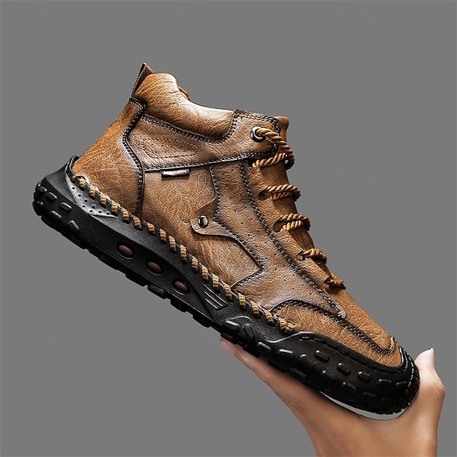 Men's Brown Faux Leather Outdoor Trail Boots with Durable Rubber Sole and Hand-Stitched Detailing, Comfortable Casual Work Boots for Hiking and Daily Wear