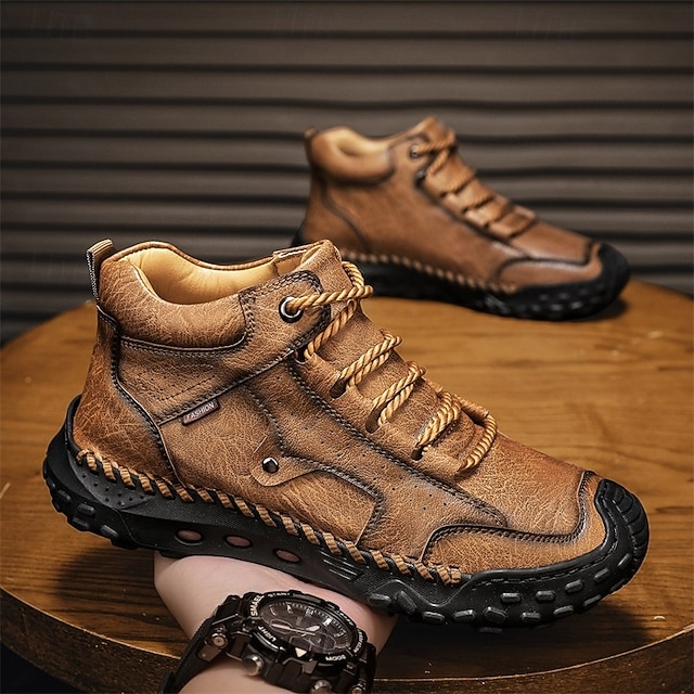 Men's Brown Faux Leather Outdoor Trail Boots with Durable Rubber Sole and Hand-Stitched Detailing, Comfortable Casual Work Boots for Hiking and Daily Wear