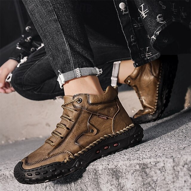 Men's Brown Faux Leather Outdoor Trail Boots with Durable Rubber Sole and Hand-Stitched Detailing, Comfortable Casual Work Boots for Hiking and Daily Wear