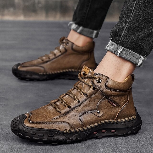 Men's Brown Faux Leather Outdoor Trail Boots with Durable Rubber Sole and Hand-Stitched Detailing, Comfortable Casual Work Boots for Hiking and Daily Wear