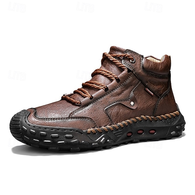 Men's Brown Faux Leather Outdoor Trail Boots with Durable Rubber Sole and Hand-Stitched Detailing, Comfortable Casual Work Boots for Hiking and Daily Wear
