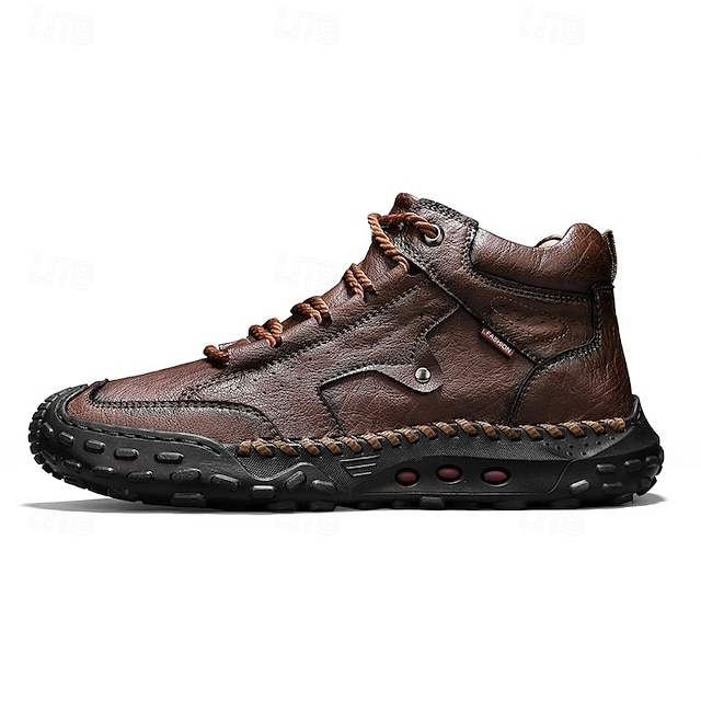 Men's Brown Faux Leather Outdoor Trail Boots with Durable Rubber Sole and Hand-Stitched Detailing, Comfortable Casual Work Boots for Hiking and Daily Wear