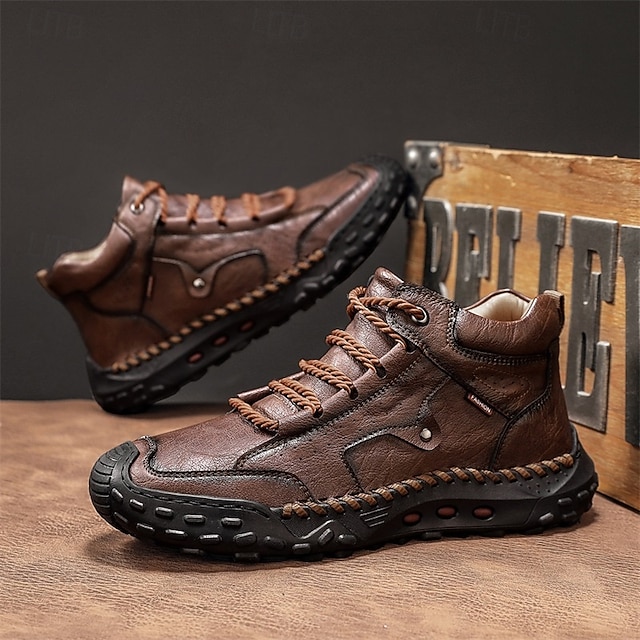 Men's Brown Faux Leather Outdoor Trail Boots with Durable Rubber Sole and Hand-Stitched Detailing, Comfortable Casual Work Boots for Hiking and Daily Wear