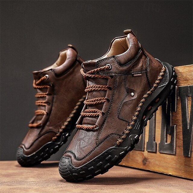 Men's Brown Faux Leather Outdoor Trail Boots with Durable Rubber Sole and Hand-Stitched Detailing, Comfortable Casual Work Boots for Hiking and Daily Wear