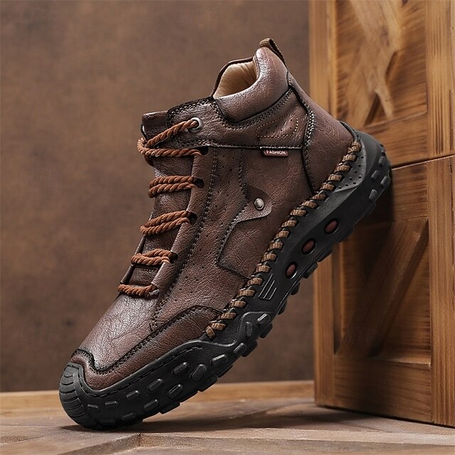 Men's Brown Faux Leather Outdoor Trail Boots with Durable Rubber Sole and Hand-Stitched Detailing, Comfortable Casual Work Boots for Hiking and Daily Wear