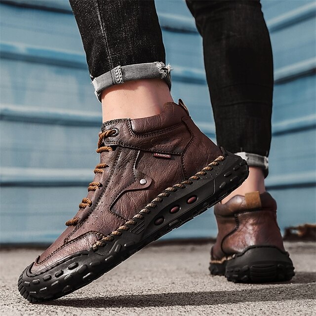 Men's Brown Faux Leather Outdoor Trail Boots with Durable Rubber Sole and Hand-Stitched Detailing, Comfortable Casual Work Boots for Hiking and Daily Wear
