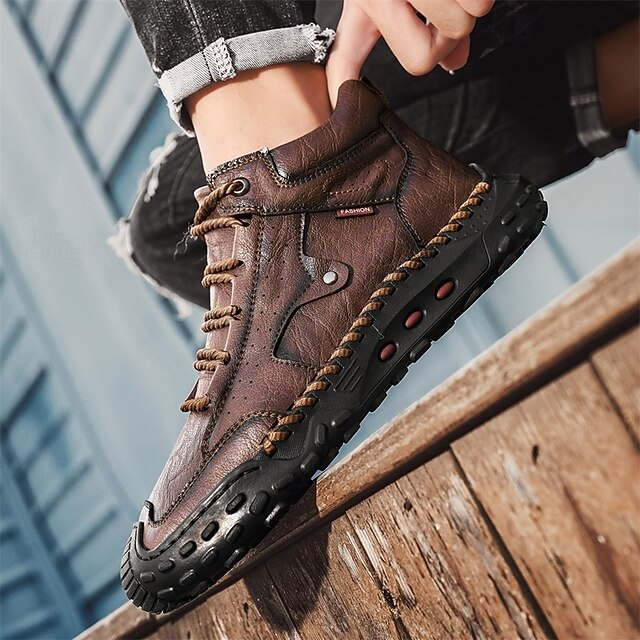 Men's Brown Faux Leather Outdoor Trail Boots with Durable Rubber Sole and Hand-Stitched Detailing, Comfortable Casual Work Boots for Hiking and Daily Wear